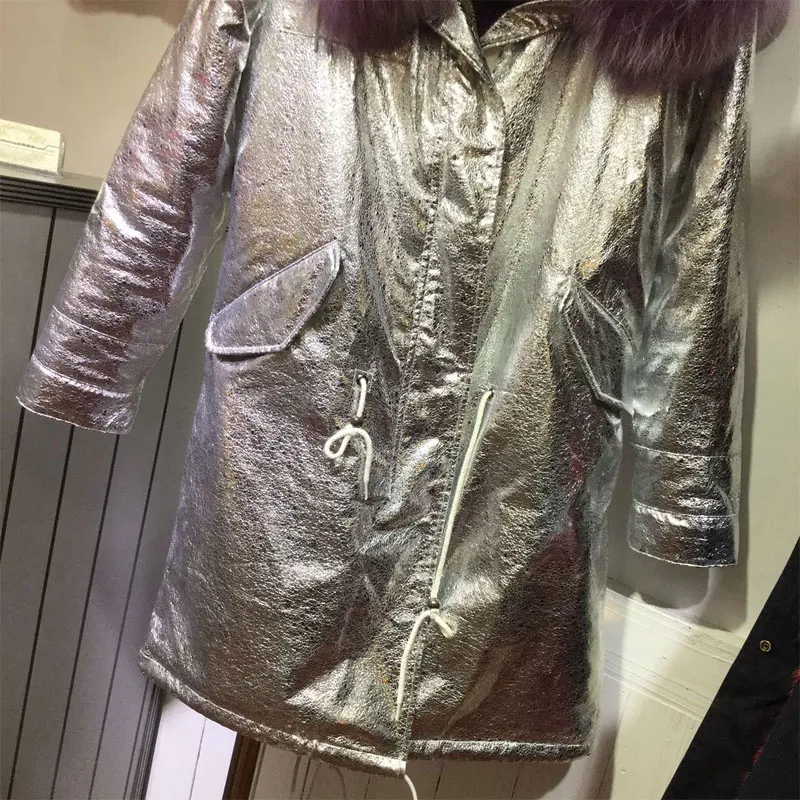 Серебристая кожа Водонепроницаемая фиолетовая Длинная женская куртка с большим