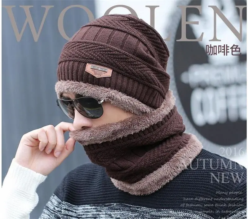 RUHAO Skullies Beanies 2pcs ski cap scarf cold warm leather winter hat for women men Knitted hat Bonnet Warm Cap