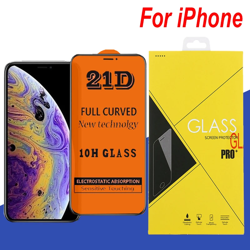 50 шт. 21D полное покрытие клея Закаленное стекло протектор экрана для iPhone 11 Pro Max XS XR X 8 7 6 6S Plus Защитная пленка с коробкой