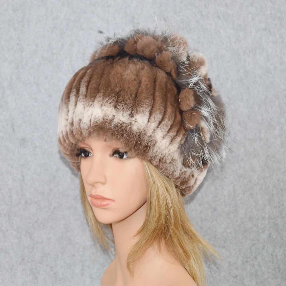 Шапки Skullies настоящий мех кролика для российских женщин роскошные вязаные цветы