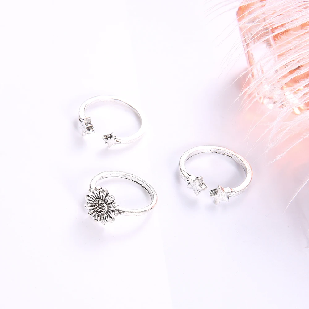 Набор из 3 простых женских колец "Подсолнух", "Звезда" и "Геометрия", открытые соединения, серебряный цвет. Модные украшения для девушек на вечеринки. Подарок.