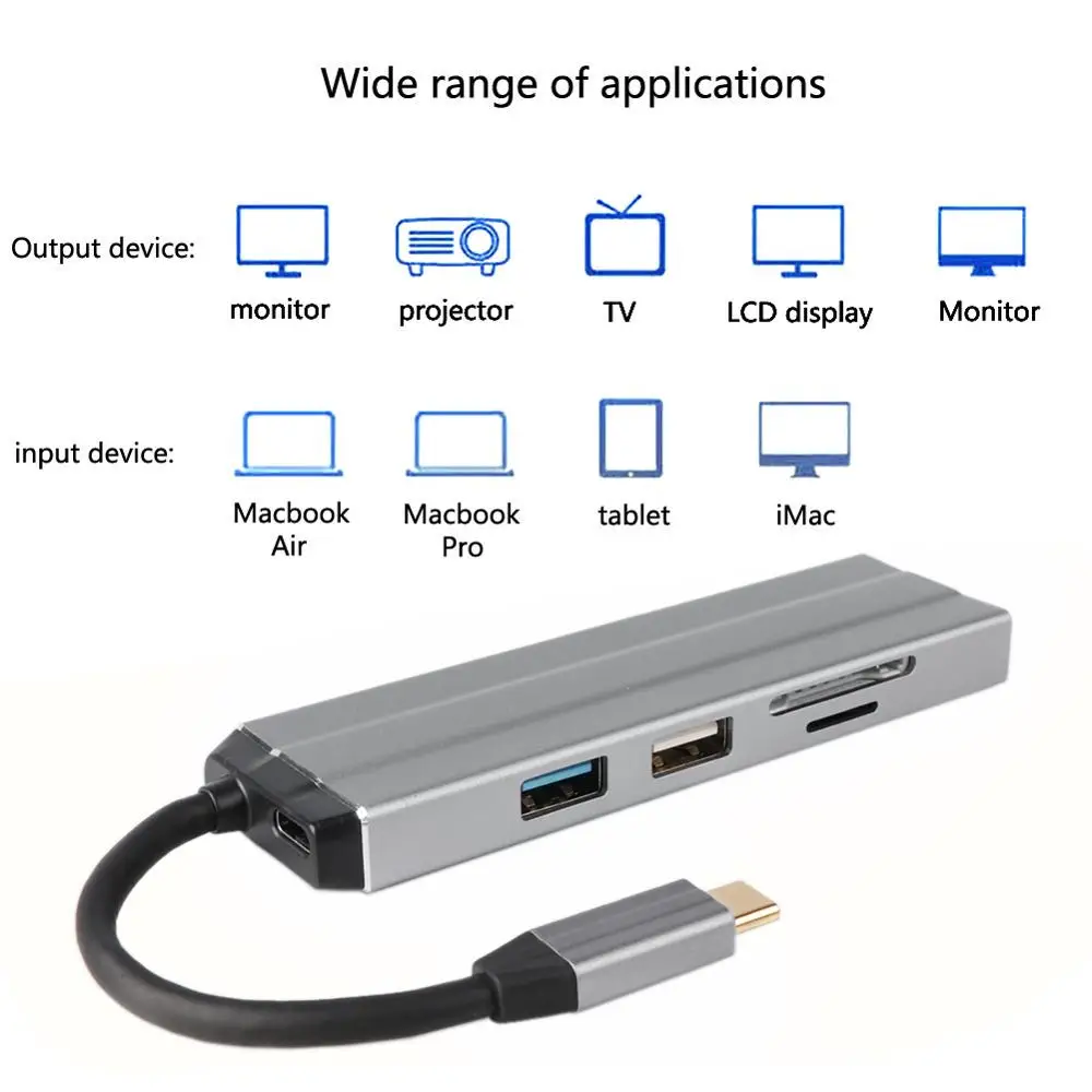 6 в 1 4K HD USB-C концентратор видео аудио кабель адаптер Тип C к HDMI usb 3,0/usb 2,0 с SD/TF кард-ридер Тип C USB концентраторы