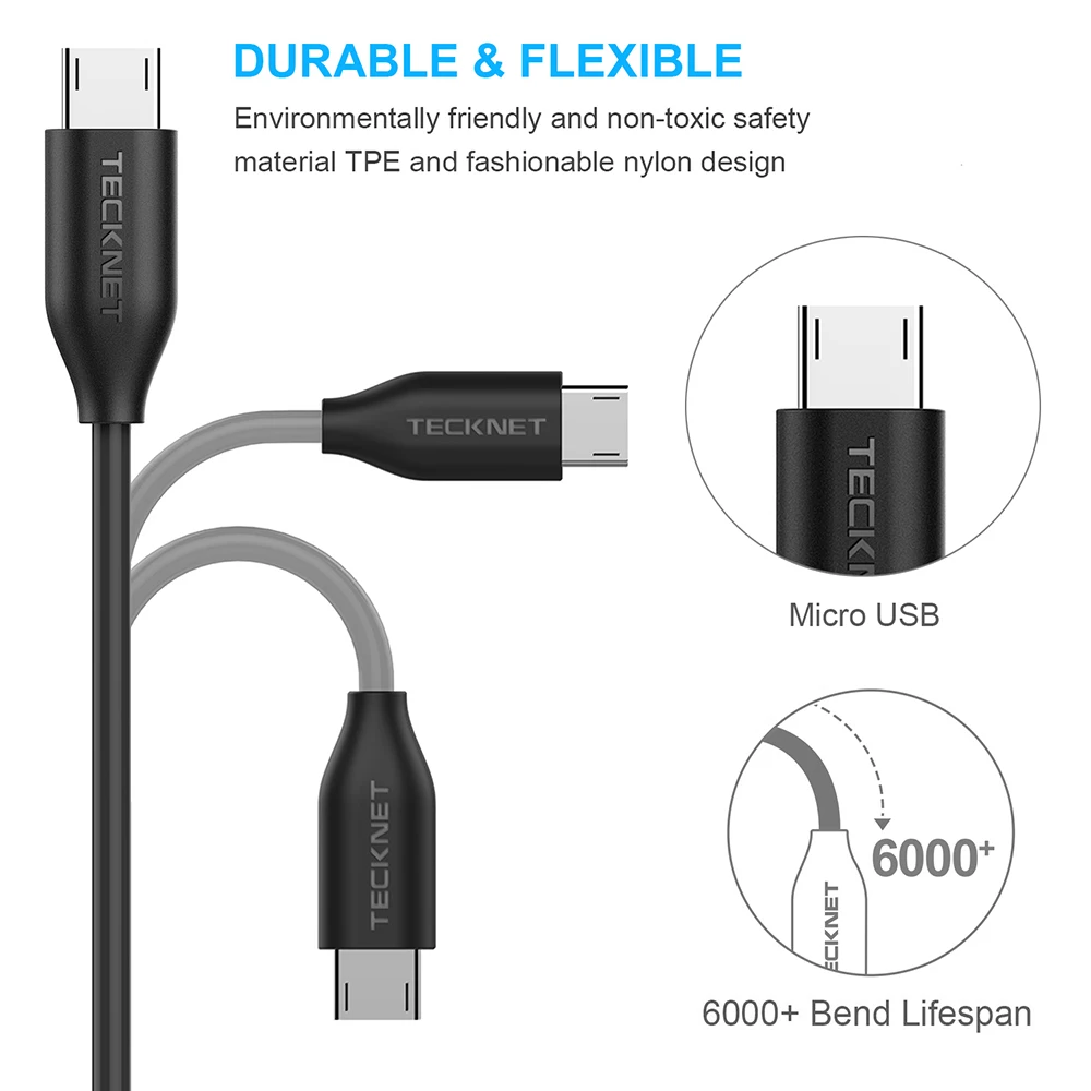 Микро-usb кабель TeckNet ультра прочный [6-Pack] разной длины(0,1 м, 0,3 м, 1 м X3 и 2 м) высокоскоростной кабель для синхронизации и быстрой зарядки
