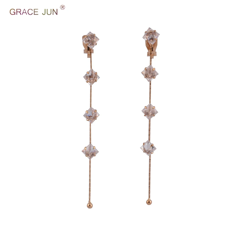 

GRACE JUN Simple Temperament Long Chain Clip on Earrings and Drop Pierced for Women AAA CZ Elegant Bridal Wedding Earrings New