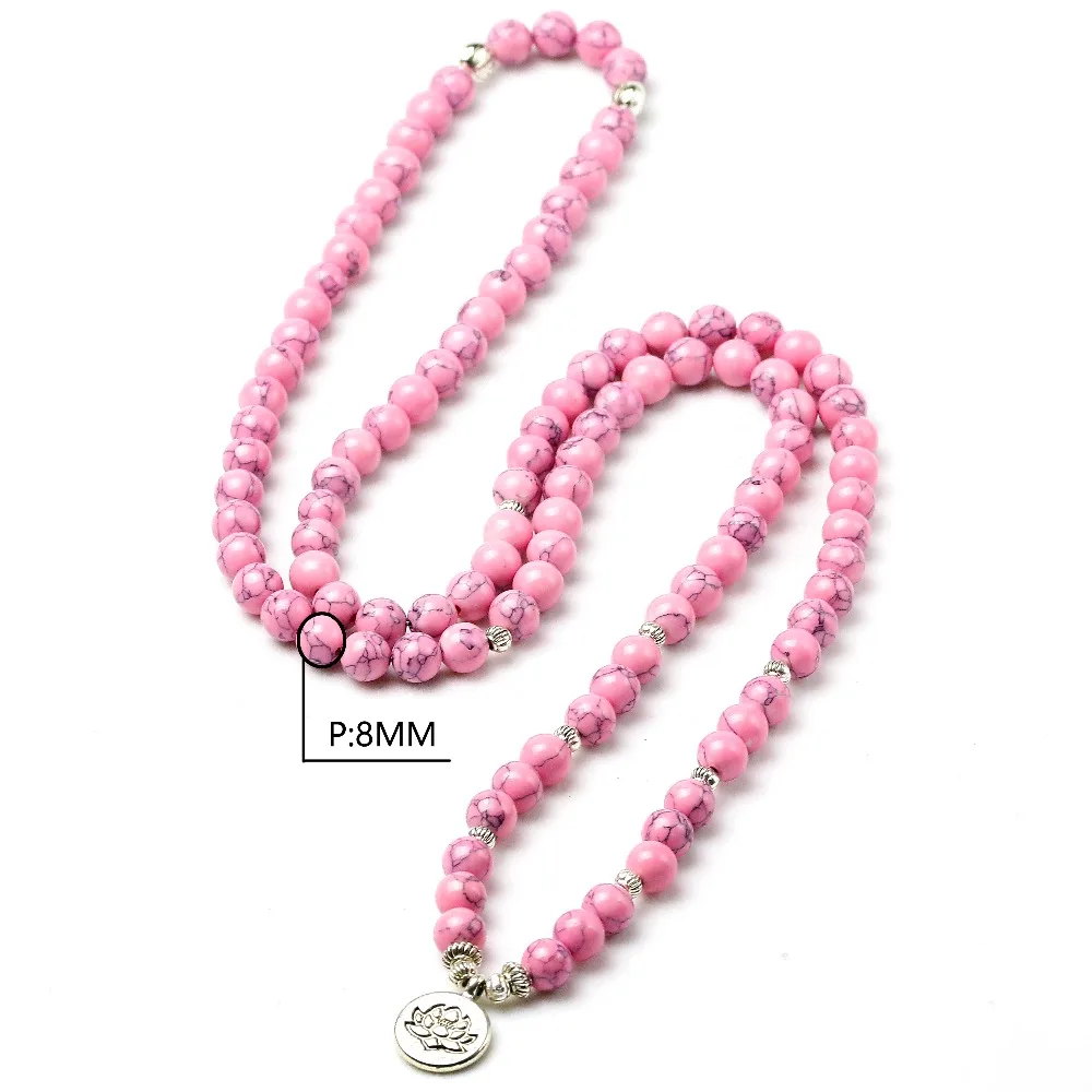 Розовый Howlite камень Исцеление чакра 108 молитвенные бусы Мала Браслет Женские Ювелирные изделия наручные Ом буддийские браслеты