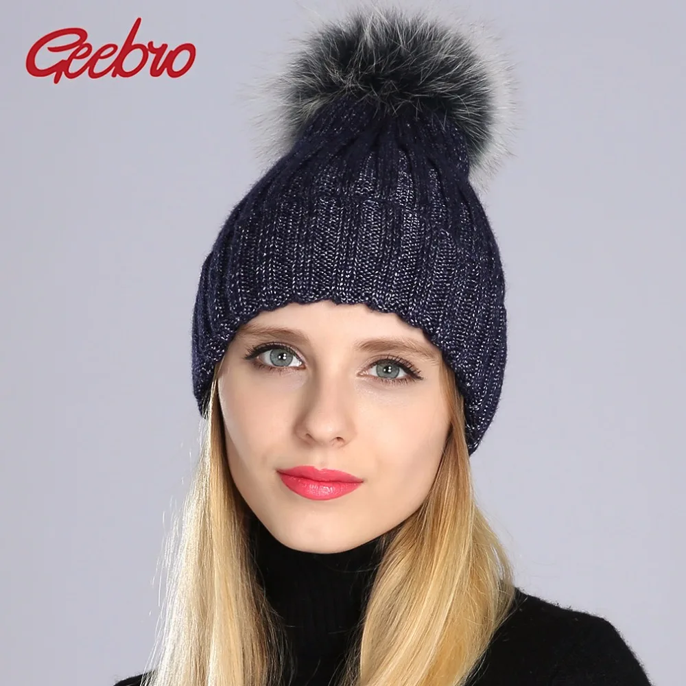 

Geebro Winter Women's Beanies Hat Casual Warm Knitted Beanies With Real Fur Pom Pom Ladies Raccoon Fur Pompons Skullies Hat