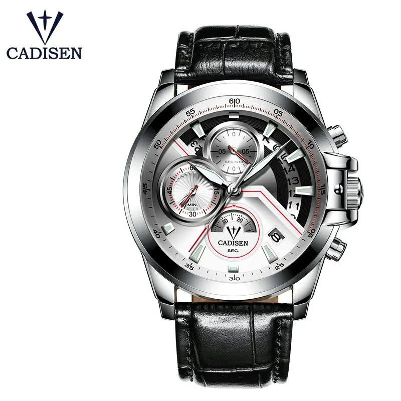 White Leather CADISEN популярные мужские часы Новые Модные армейские брендовые Роскошные Спортивные Повседневные водонепроницаемые мужские часы кварцевые мужские наручные часы из нержавеющей стали - Цвет: White Leather