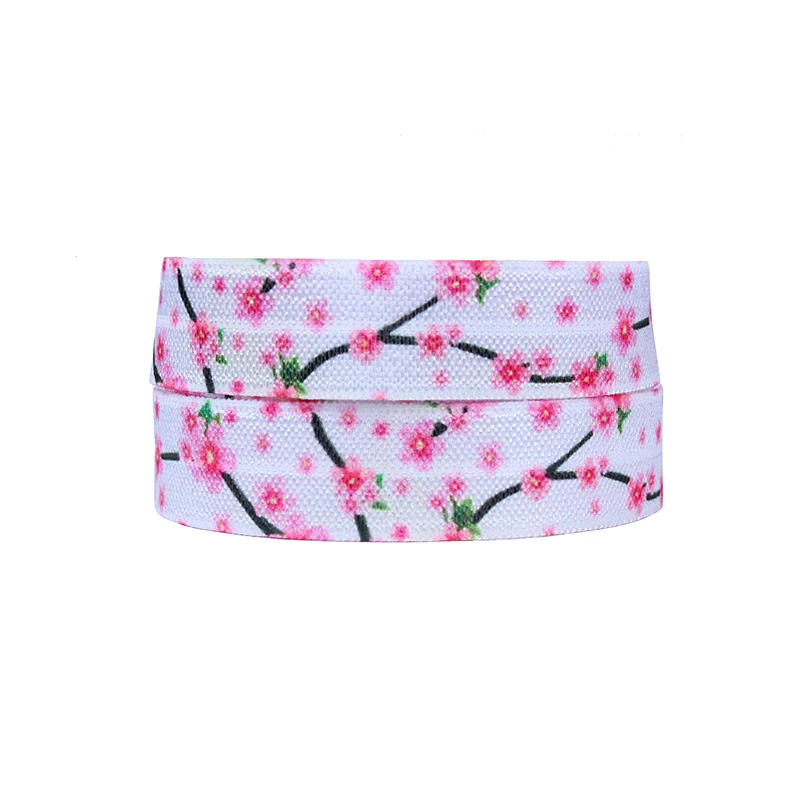 

(50 yards/lot) Flora Ribbons pink flower printed fold over elastic for hair accessories