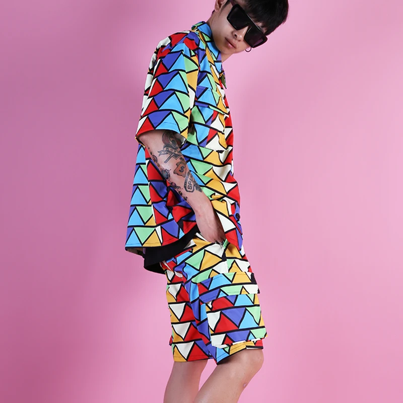 

Men 2 PCS Sets (shirt+shorts) Streetwear Fashion Hip Hop High Street Casual Colors Short Sleeve Shirts Male Clothing Custom Made