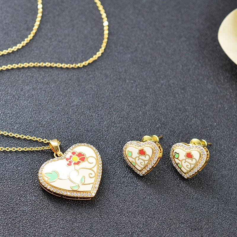Sunny Jewelry Romantic Heart Set For Women Earrings Necklace Pendant Cubic Zirconia Enamel Wedding Gift | Украшения и аксессуары