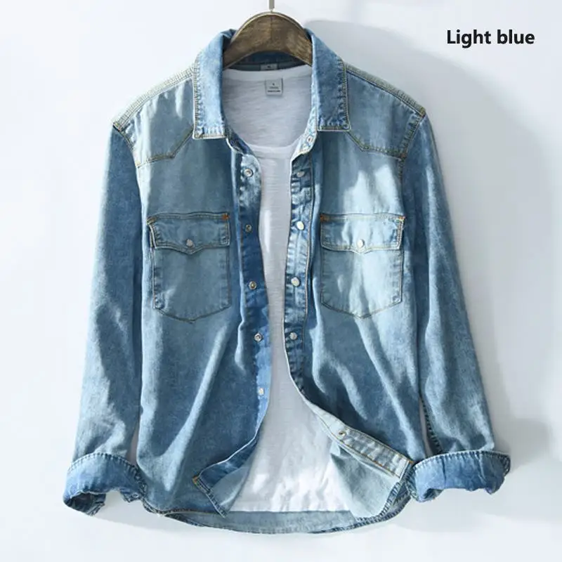 Мужская джинсовая рубашка с длинным рукавом повседневная синяя из 100% хлопка