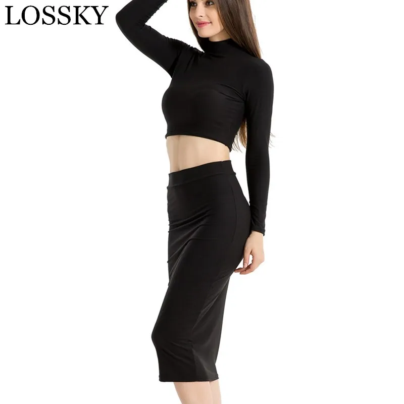 

2 Piece Bandage 2019 Autumn Winter Midi Dress Sexy Turtleneck Long Sleeve Solid Bopdycon Tight Two Piece Dress Party Dresses New
