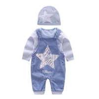 dfxd 2018 spring baby girl boy clothing set top quality blue striped long sleeve shirtstar print jumpsuithat 3pc newborn suit