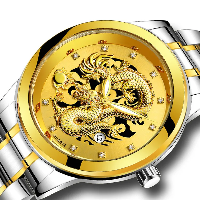 2019 водонепроницаемые мужские кварцевые часы с китайским золотым Драконом