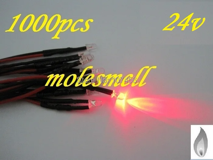 Free shipping 1000pcs 3mm red Flicker 24V Pre-Wired Water Clear LED Leds Candle Light 20CM