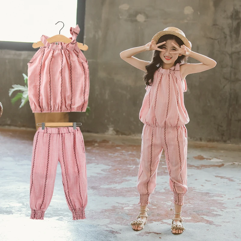 

Новинка 2019, летние комплекты одежды для девочек, Клетчатая блузка без рукавов, дизайнерская футболка без рукавов + повседневные штаны, одежд...