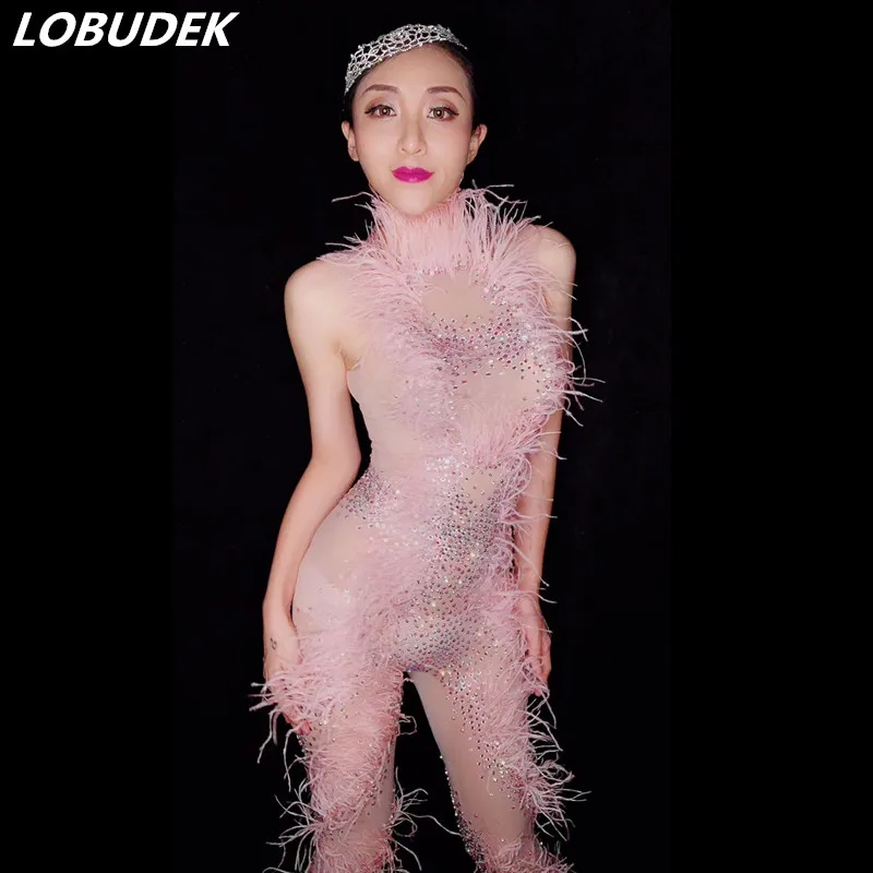 Прозрачный комбинезон Стразы с розовыми перьями сексуальные эластичные