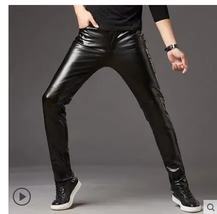 2019 мужские кожаные брюки в Корейском стиле тонкие для ног сценическое шоу