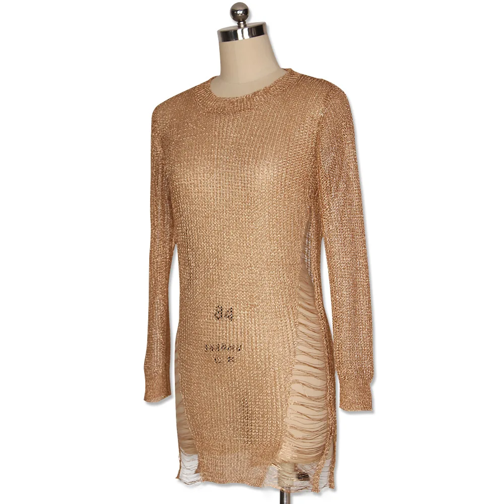 Gold Metallic Knitted Shredded Sweater Dress Popular Stretch Sexy Ladder Cut-Out Metallic hollow out Dress Beach Wear vestidos