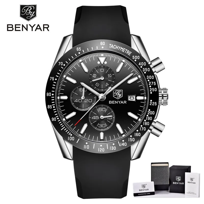 5140W03 with box Relogio Masculino BENYAR мужские часы лучший бренд класса люкс Синий хронограф спортивные мужские часы военный резиновый ремешок кварцевые наручные часы - Цвет: 5140W03 with box