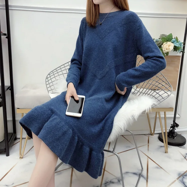 navy blue Зимние Для женщин трикотажное мини-платье оборками средней длины свитер и пуловеры женский o-образный вырез свободное платье с длинным рукавом CQ2667 - Цвет: navy blue