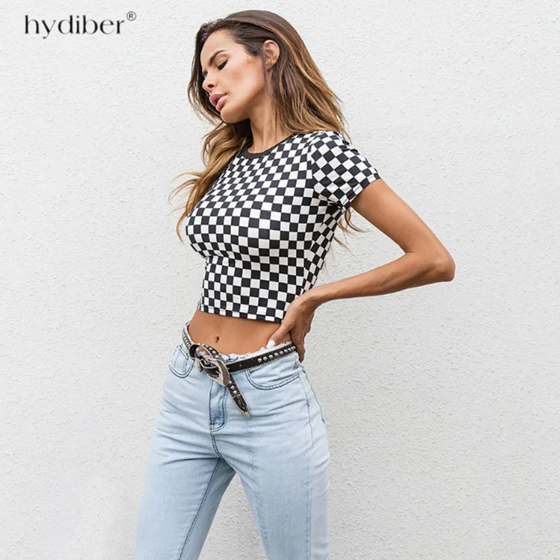 Клетчатая трикотажная футболка для женщин 2018 летняя Новинка клетчатая тонкая с