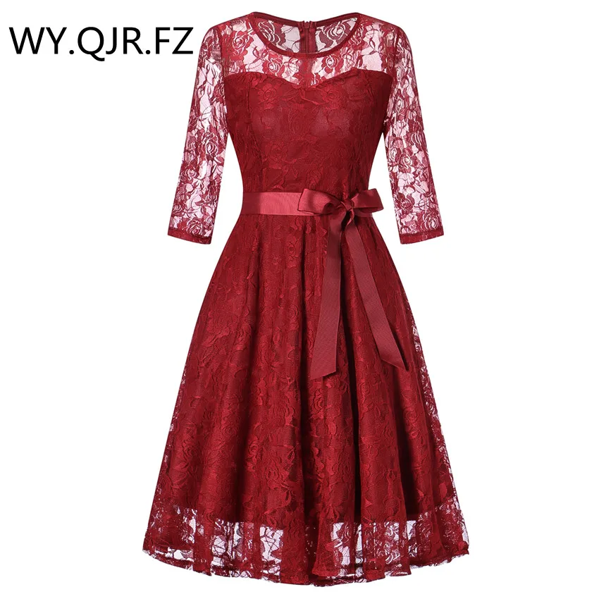 OML516 # короткие бордовые кружевные платья подружки невесты с круглым вырезом и