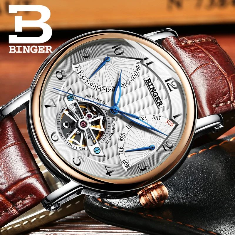 

2017 BINGER Skeleton Tourbillon Mechanical Watch Automatic Men Classic Rose Gold Leather Fashion Wrist Watches Reloj Hombre