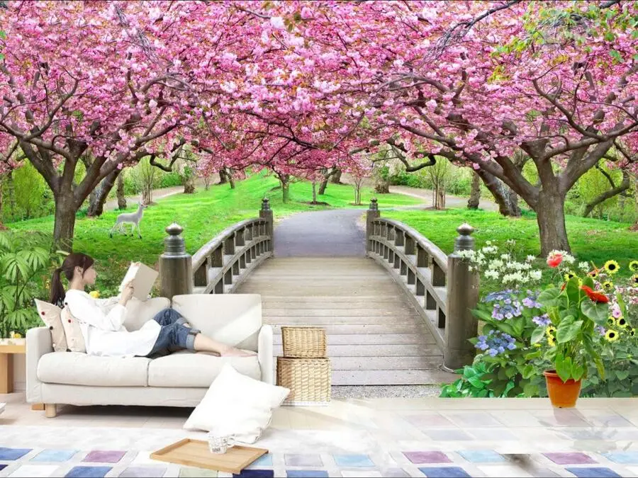 3d фрески на заказ красивые вишневые деревья маленький мост пейзаж стену фреска
