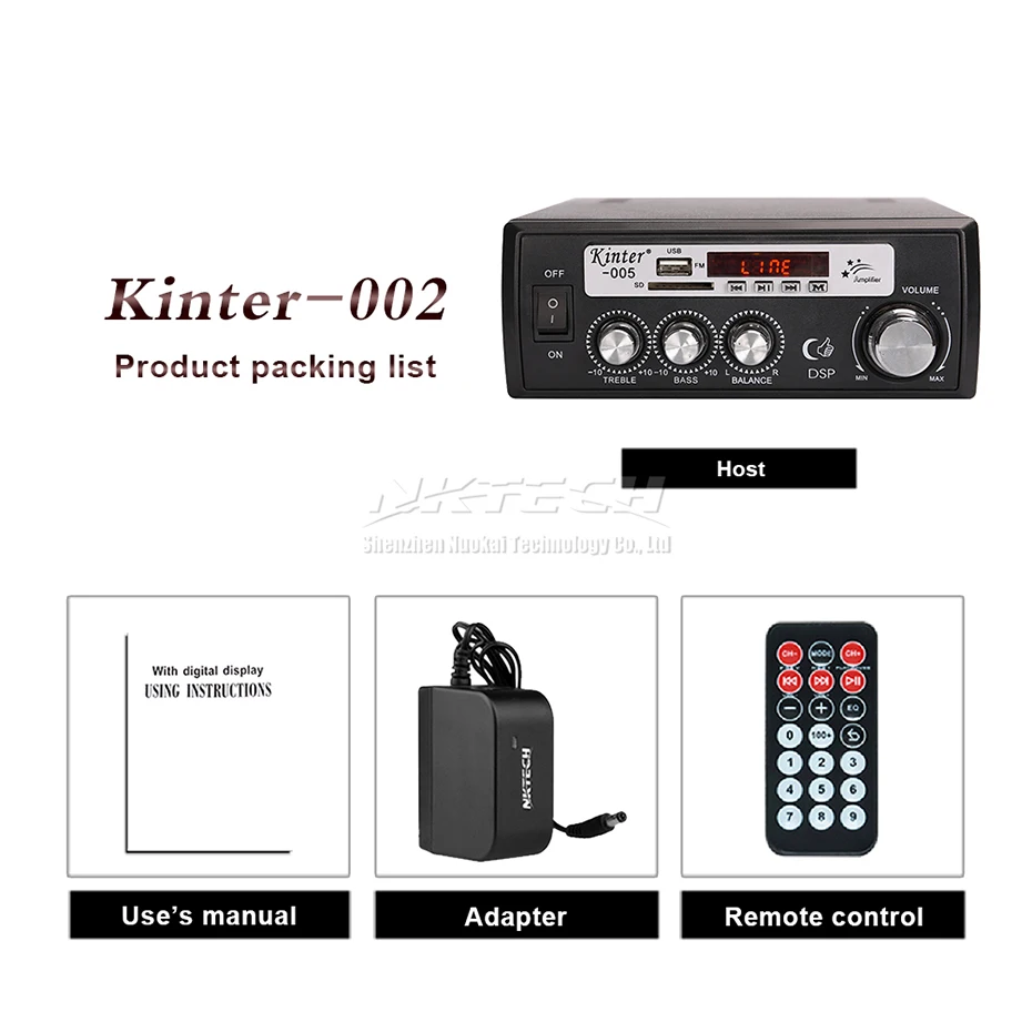With 12V 3A Adapter Автомобильный усилитель мощности Kinter-002 цифровой аудиоплеер 2x25 Вт Hi-Fi стерео бас USB SD MP3 FM 12 В 220-240 в двойной караоке микрофон для эхо - Color: With 12V 3A Adapter