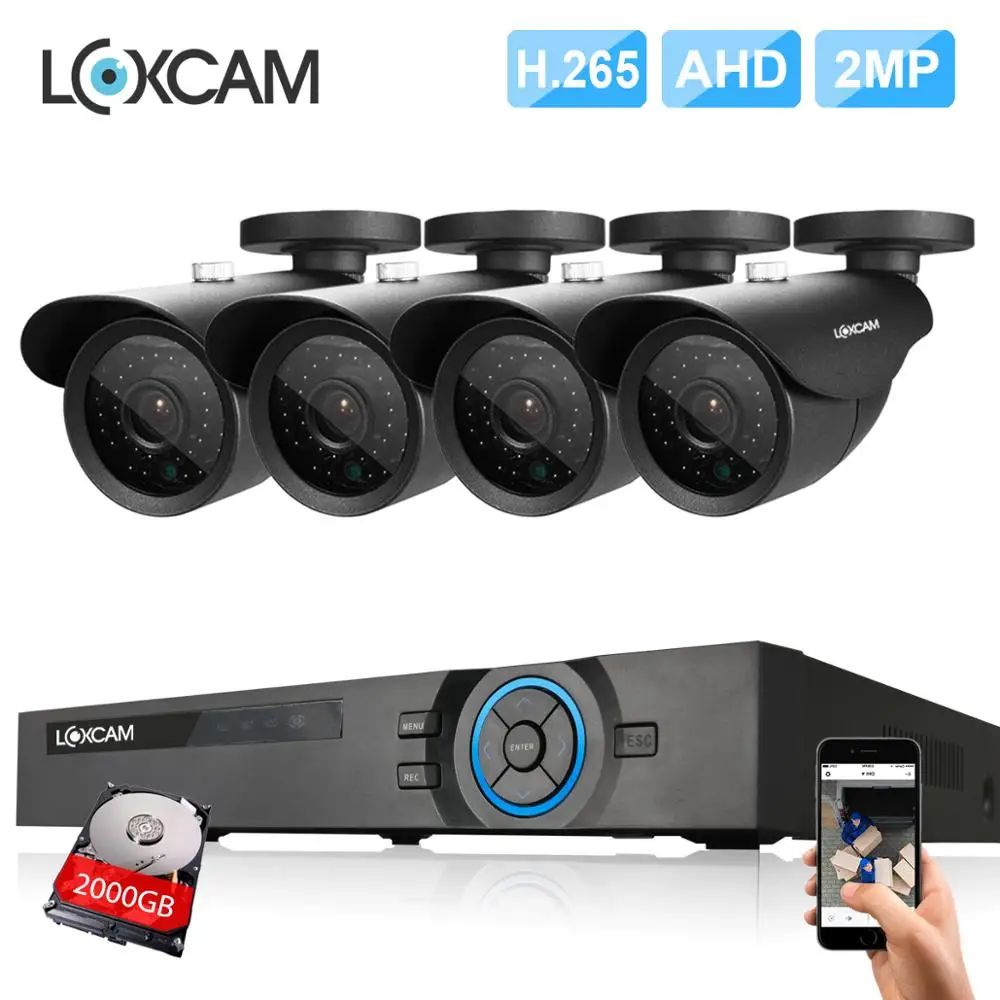 LOXCAM h.265 4CH 1080P CCTV система 4 шт 2MP Металл IP66 Водонепроницаемая уличная камера AHD P2P