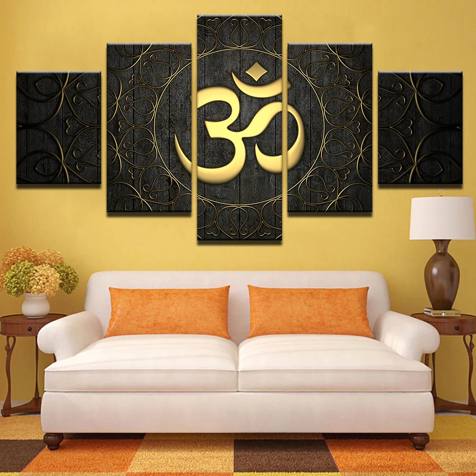 

Modern Canvas Wall Art Home Decor For Living Room HD Prints Poster 5 Piece Buddha OM Yoga Painting Golden Symbol Pictures