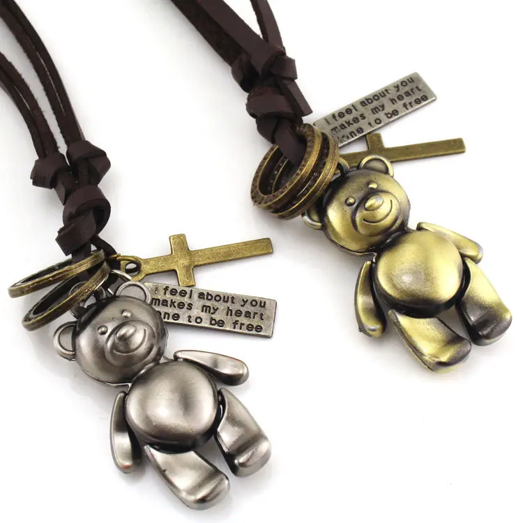 Винтажное ожерелье с подвеской в виде мишки Маленькая кожаная цепочка стиле