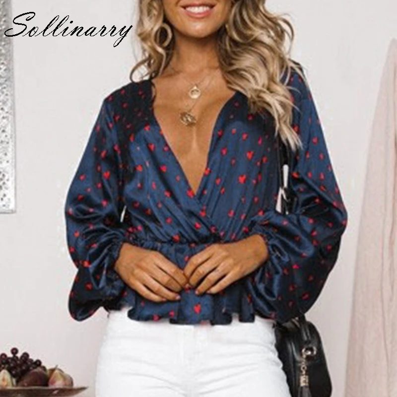 Sollinarry Heart Print Lantern Sleeve Satin Blouse Vintage Ruffles Short Women Deep V Neck Sexy Blusa Mujer |