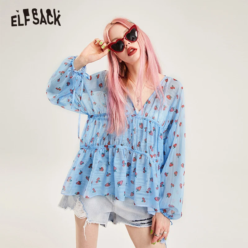 ELF SACK/Модные женские шифоновые блузки со шнуровкой и принтом в винтажном стиле с v