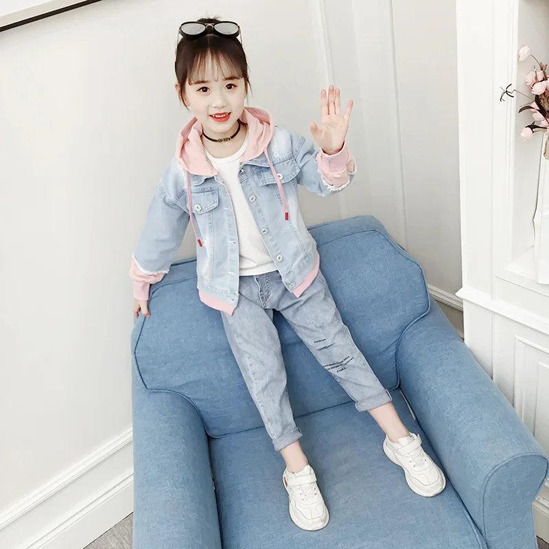 

Girl denim tops patchwork jacket cartoon anime single breasted coat princess toddler coat girls stylish baby clothes hooded kid