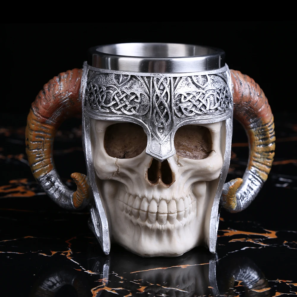 

1PCS 600ML Viking Ram Horned Pit Lord Warrior Skull With Battle Helmet Beer Stein Tankard Coffee Cup Mug ePacket Many Stocks