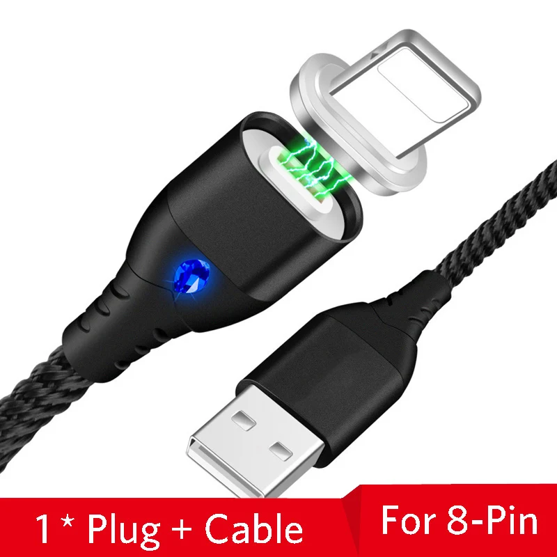 Светодиодный магнитный usb-кабель для iPhone XS Max XR X, магнитное зарядное устройство для быстрой зарядки, нейлоновый кабель для iPhone 8, 7, 6, 6 S Plus, iPad, планшетов - Цвет: Black iOS Cable