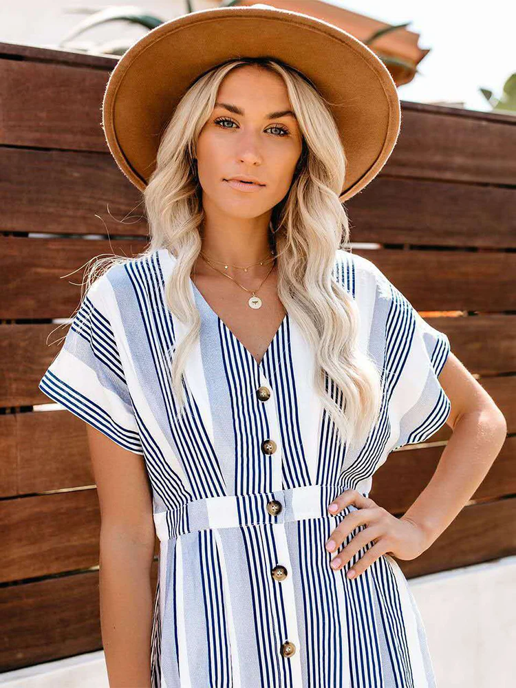 2019 летнее модное белое Полосатое платье с v-образным вырезом однобортное