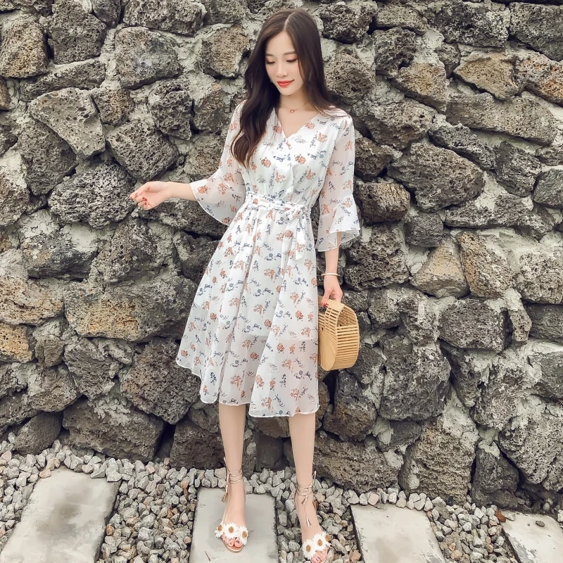 2019 Summer Fashion Women's Clothing Flare Three-quarter Sleeves V-neck Dress Sashes Flowers Printing Plus Size Dresses Female | Женская