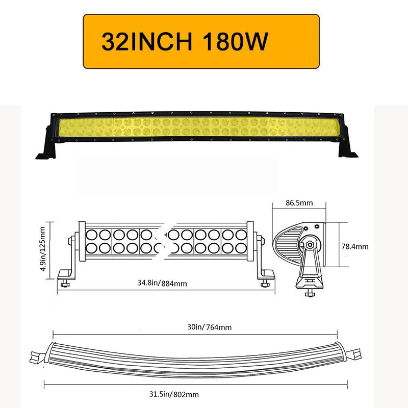 180W no wiring Auxtings 21 32 42 50 52 дюймов изогнутый светодиодный свет бар 120 Вт 180 Вт 240 Вт 300 Вт янтарный свет вождения внедорожник Грузовик 4x4 SUV ATV 12 24 V - Цвет: 180W no wiring
