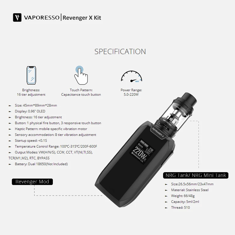 Original Vaporesso Revenger X Kit Vape 220W Output with 0.96 Touch Pattern 5ML/2ML Atomizer Capacity Fit Mod | Электроника