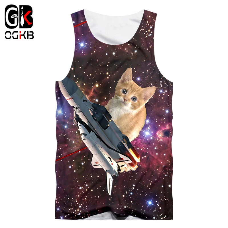 

OGKB 2018 Summer Tops Men's 3D Printing Galaxy Space Cat Tank Tops Man Hiphop Streetwear Sleeve Tops High Tech Fashion Vest