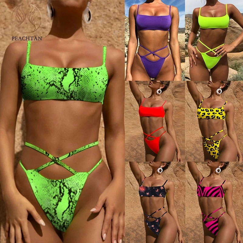 Peachtan Neon green бикини микро сексуальный леопардовый купальник женский пуш-ап купальник бандо женский купальный костюм biquini лето
