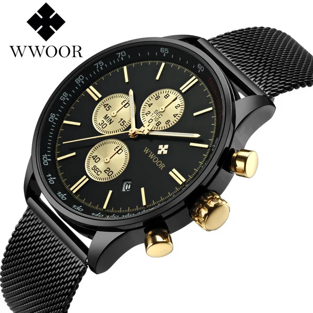 BLACK WWOOR мужские золотые часы, мужские Кварцевые водонепроницаемые наручные часы с хронографом 50 м, роскошные Брендовые Часы из нержавеющей стали - Цвет: BLACK