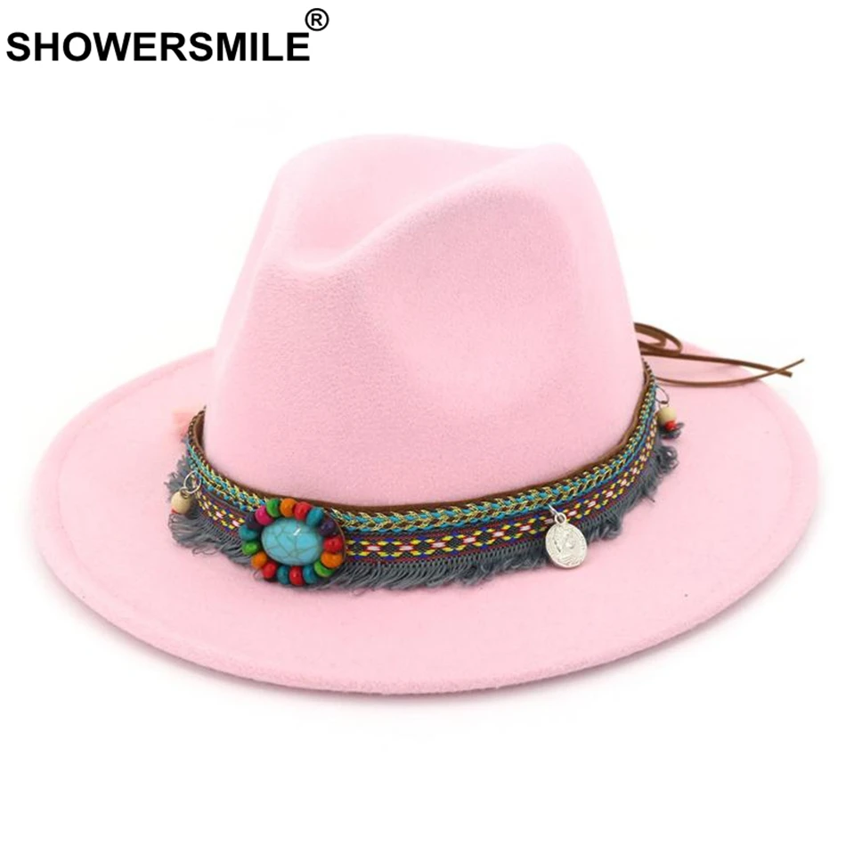 pink hat SHOWERSMILE, розовая фетровая шляпа для девушек, винтажная фетровая шляпа для женщин, повседневная, этнический стиль, с большими полями, твид, осень, зима, джаз, кепка, красный, черный - Цвет: pink hat