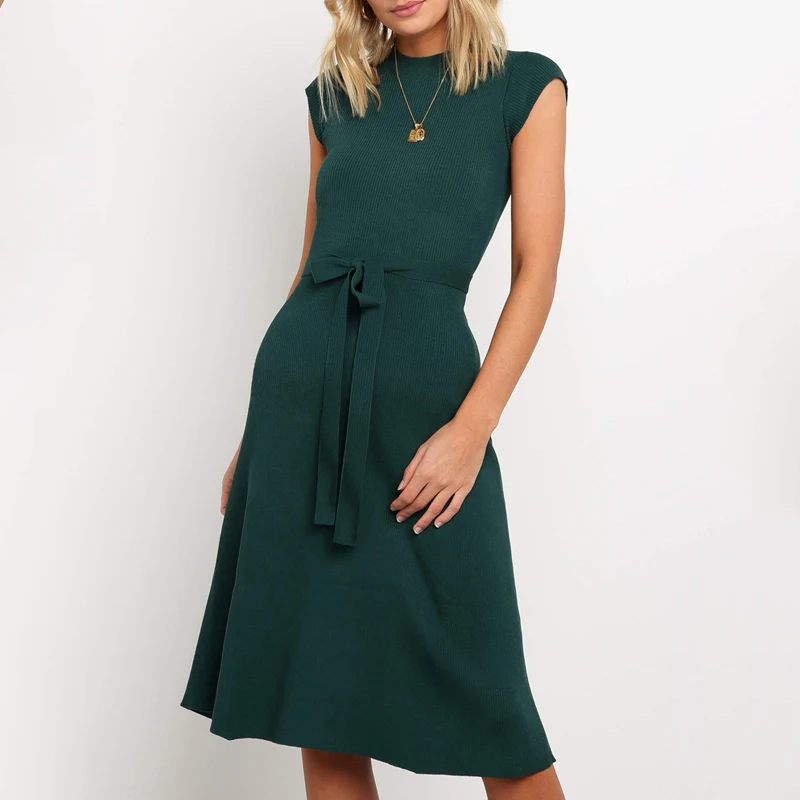 Женское Повседневное платье с поясом элегантное пляжное круглым вырезом и