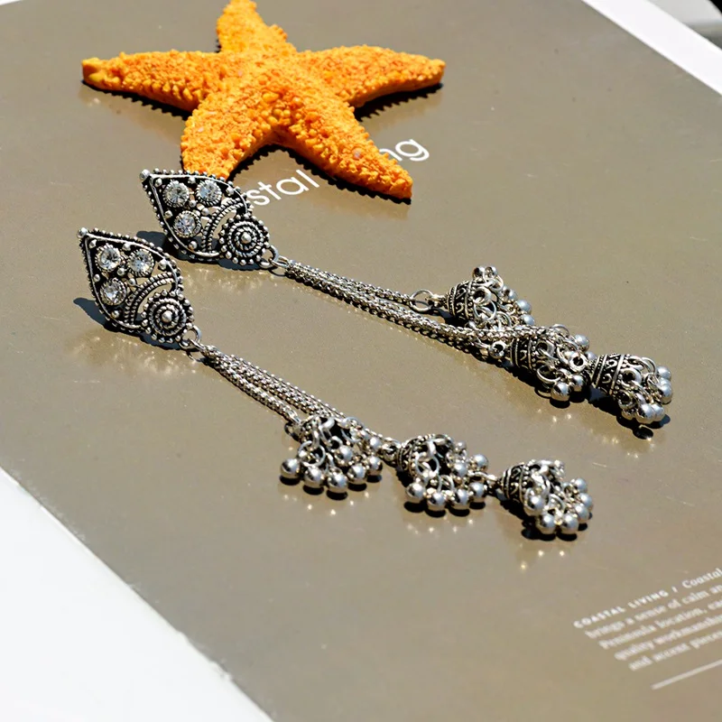 OIQUEI женские золотые металлические длинные индийские серьги Jhumka с кисточками, богемные этнические большие серьги-колокольчики, женские египетские цыганские украшения