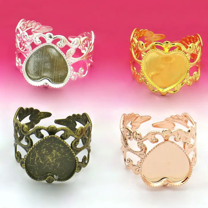 

10pcs 12mm Ring Settings Cabochon Base Love Heart Bezel Tray Blank for Cabochon Cameo DIY Fashion Rings Adjustable Ring Base