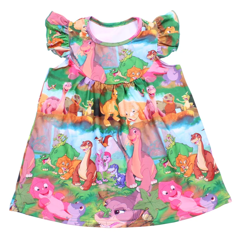 

Nice Color Round Neck Kids Clothings Cartoon Dinosaur World Printed Girls Pearl Dress Children Milk Silk One-piece Dresses